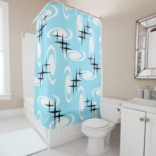 Retro Atomage Wirbel Sterne Muster Blau Duschvorhang (Beispiel)