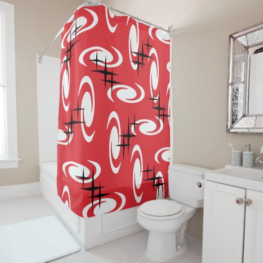 Retro Atomage Wirbel Sternenmuster Rot Duschvorhang (Beispiel)