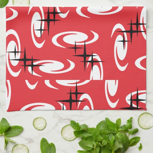 Retro Atomage Wirbel Sternenmuster Rot Geschirrtuch (Gefaltet)