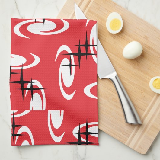 Retro Atomage Wirbel Sternenmuster Rot Geschirrtuch (Viertel Falte)
