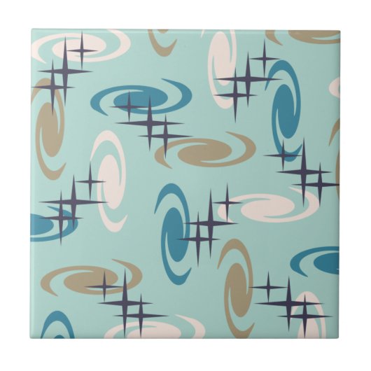 Retro Atomage Wirbel Sternmuster mehrfarbig Fliese (Vorderseite)