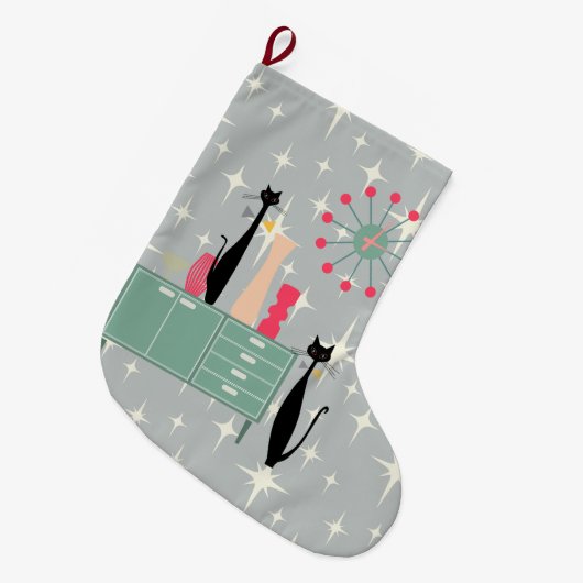 Retro Atomära-Katzen u. Uhr-WeihnachtsStrumpf Großer Weihnachtsstrumpf (Vorderansicht (hängend))