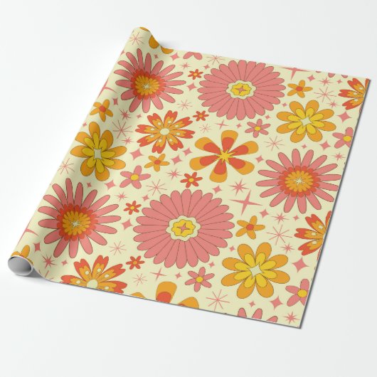 Retro-atomare Blumen mit Sternenexplosionen auf Cr Geschenkpapier (Ungerollt)