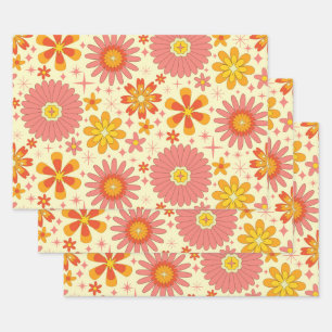 Retro-atomare Blumen mit Sternenexplosionen auf Cr Geschenkpapier Set