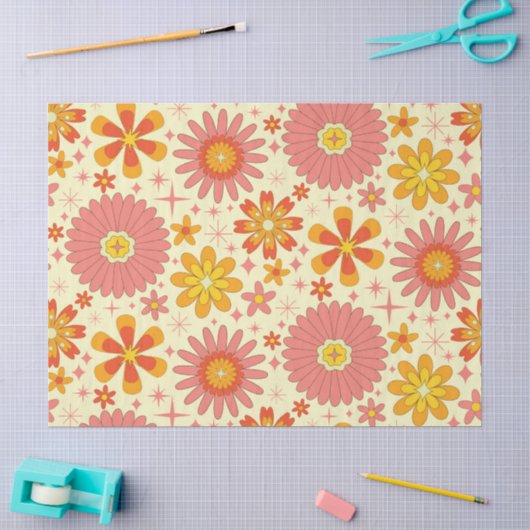 Retro-atomare Blumen mit Sternenexplosionen auf Cr Seidenpapier (Basteln)