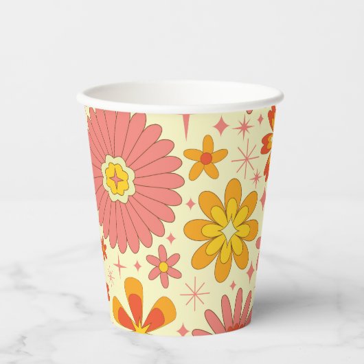 Retro-atomare Blumen mit Sternenexplosionen zum Ge Pappbecher (Vorderseite)