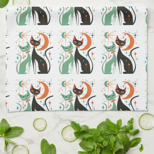 Retro Atomare Katzen Schwarz Türkis Geschirrtuch (Gefaltet)