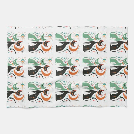 Retro Atomare Katzen Schwarz Türkis Geschirrtuch (Horizontal)