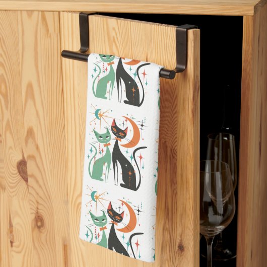 Retro Atomare Katzen Schwarz Türkis Geschirrtuch (Drittel gefaltet)