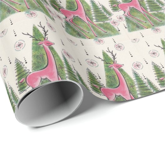 Retro Atomare Weihnachtsrosa Hirschbaume Geschenkpapier (Rolleneckpunkt)