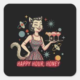 Retro Atombombe Cat Pin-Up "Happy Hour, Honey" M Quadratischer Aufkleber