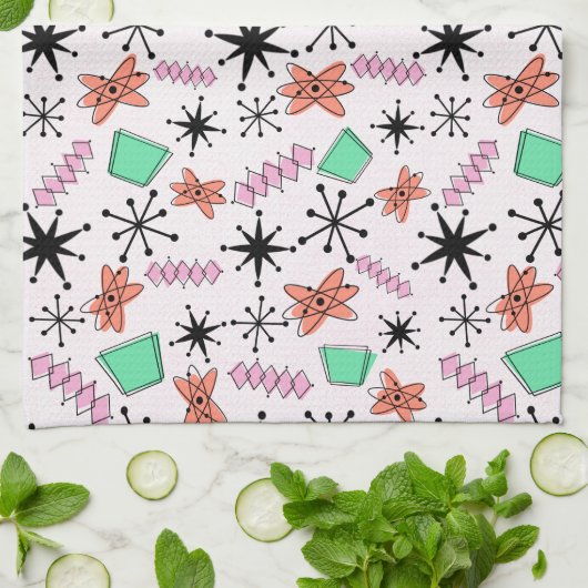 Retro Atomförmige Formen Rosa Orange und Grün Geschirrtuch (Gefaltet)