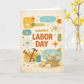 Retro Atomic Age Happy Labor Day Karte (Gelbe Blume)
