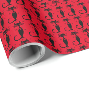 RETRO ATOMIC BLACK CAT CHRISTMAS WRAPPPAPIER GESCHENKPAPIER