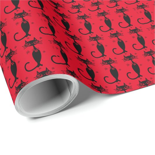 RETRO ATOMIC BLACK CAT CHRISTMAS WRAPPPAPIER GESCHENKPAPIER (Rolleneckpunkt)