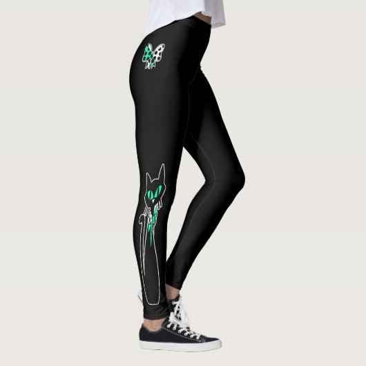 Retro Atomic Black Cat Mint Grün Weiß Leggings (Rechts)
