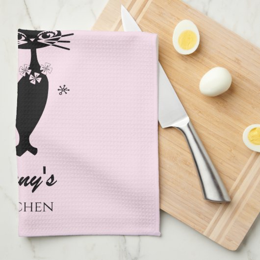 Retro Atomic Black Cat Personalisiert Küchentuch (Viertel Falte)