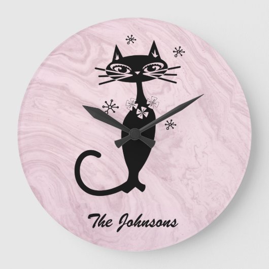 Retro Atomic Black Cat Personalized Kitchen Clock Große Wanduhr (Vorderseite)