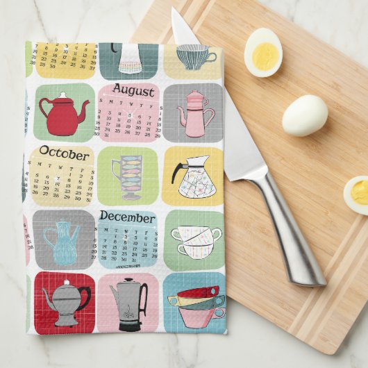 Retro Atomic Coffee 2026 Kalender Geschirrtuch (Viertel Falte)