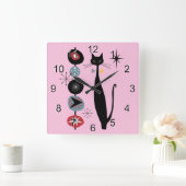Retro Atomic Era Mid Century Modern MCM Cool Cat 3 Quadratische Wanduhr (Zuhause)