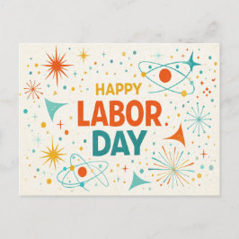 Retro Atomic Happy Labor Day Feiertagspostkarte