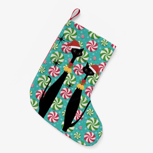 Retro Atomic MCM Cool Cats & Peppermints Kleiner Weihnachtsstrumpf (Vorderansicht (hängend))