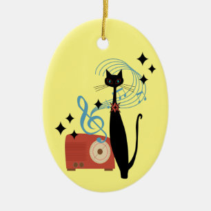 Retro Atomic MCM Coole Katze und Radio Musik Keramik Ornament