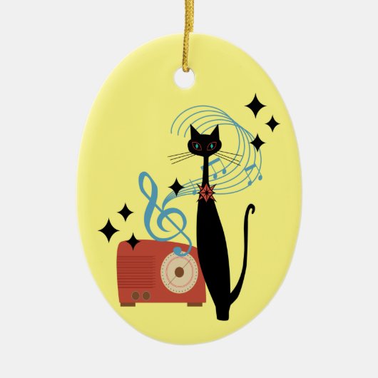 Retro Atomic MCM Coole Katze und Radio Musik Keramik Ornament (Vorne)