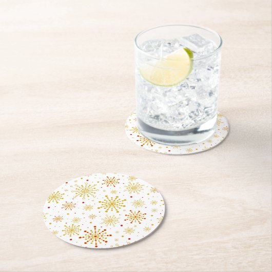 Retro Atomic Mid Century Mod Red & Gold Sternexplo Runder Pappuntersetzer (Vor Ort)