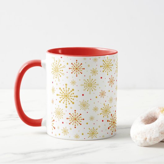 Retro Atomic Mid Century Mod Red & Gold Sternexplo Tasse (Mit Donut)