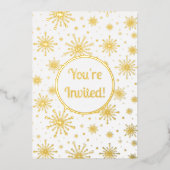 Retro Atomic Mid Century Mod Sternexplosion Gold Folieneinladung (Vorderseite)