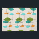 Retro Atomic Mobile Muster Küchentuch<br><div class="desc">Dieses Retro Atomic Mobile Pattern Küchentuch ist ein modernes Handtuch im Mitte des Jahrhunderts in seinem besten Stil. Das Vintag inspirierte Design ist cremefarben mit spitzen Ovalen in Türkis, Orange, aquamarin und Avocado grün. Die aquamarinen und Avocado grünen Ovale überlappen sich und schaffen einen schönen Schatten Pfauenblau. Spaß Sternexplosionen verstärken...</div>