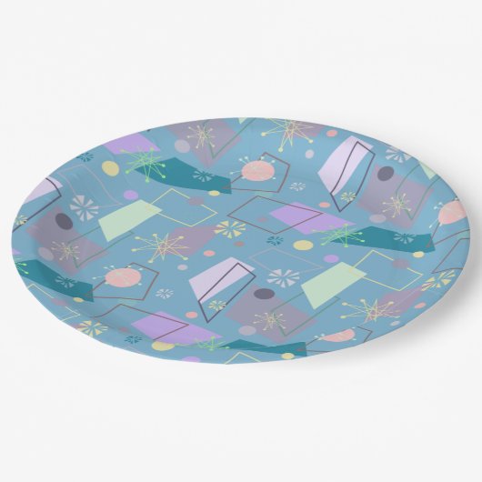 Retro Atomic Pattern der 50er Jahre in Blau und Li Pappteller (Schrägansicht)