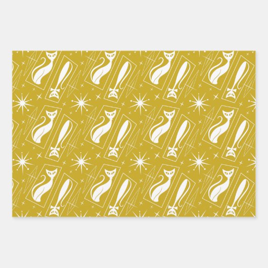 Retro Atomic Star Cat MidCentury 1970er Weihnachte Geschenkpapier Set (Vorderseite 3)