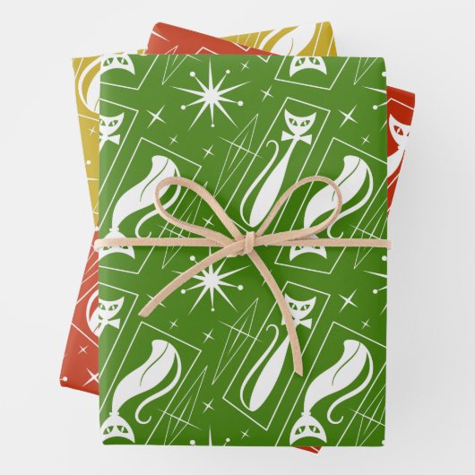 Retro Atomic Star Cat MidCentury 1970er Weihnachte Geschenkpapier Set (Beispiel)