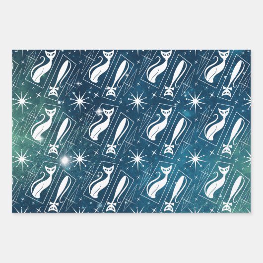 Retro Atomic Star Space Cat Mitte des Jahrhunderts Geschenkpapier Set (Vorderseite 3)