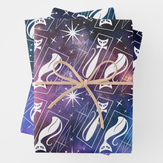 Retro Atomic Star Space Cat Mitte des Jahrhunderts Geschenkpapier Set (Beispiel)