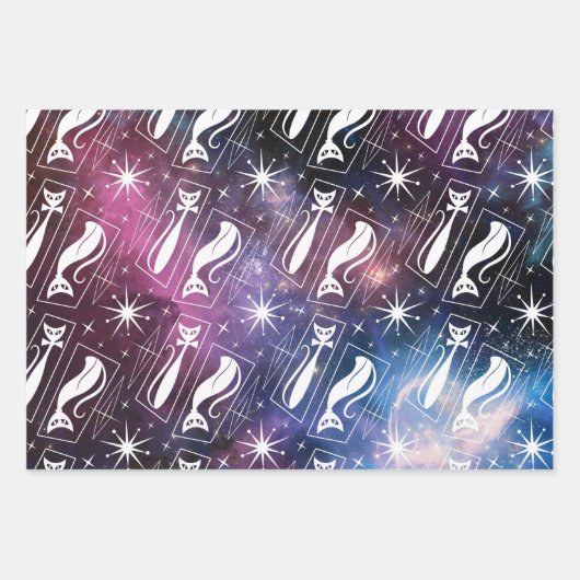 Retro Atomic Star Space Cat Mitte des Jahrhunderts Geschenkpapier Set (Vorderseite)