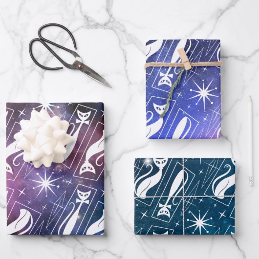Retro Atomic Star Space Cat Mitte des Jahrhunderts Geschenkpapier Set (Vorderseite)