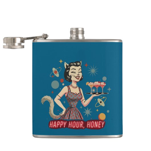 Retro-Atomkatze Pin-Up | "Happy Hour, Honey" Mid- Flachmann (Geöffnet)