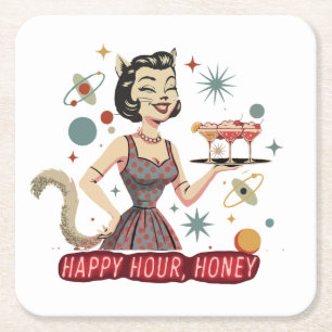 Retro Atomkatze Pin-Up   "Happy Hour, Honey" Mid- Rechteckiger Pappuntersetzer