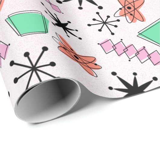 Retro Atomrosa Orange grünes Umhüllungspapier Geschenkpapier (Rolleneckpunkt)