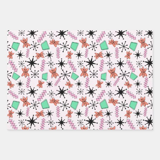 Retro Atomrosa Orange grünes Umhüllungspapier Geschenkpapier Set (Vorderseite)