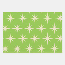 Retro Atomstars Muster auf Kalkgrün Geschenkpapier Set