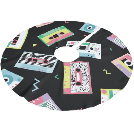 Retro-Audiobänder, 80er-Stil-Muster. Polyester Weihnachtsbaumdecke (Schrägansicht)