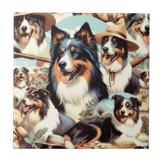 Retro Australian Shepherd Nahtlose Malerei Fliese (Vorderseite)
