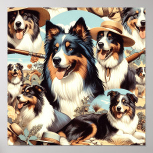 Retro Australian Shepherd Nahtlose Malerei Poster