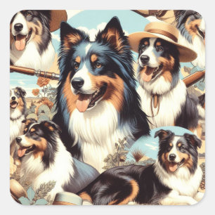 Retro Australian Shepherd Nahtlose Malerei Quadratischer Aufkleber