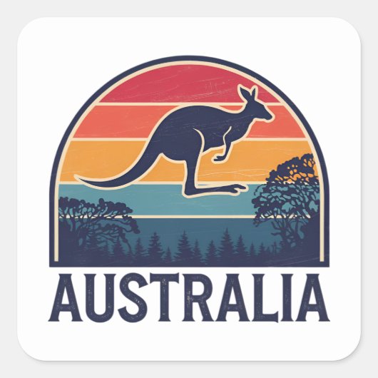 Retro Australian Sunset Animal Jumping Kangaroo Quadratischer Aufkleber (Vorderseite)