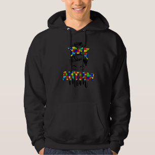 Retro Autism Awareness Messy Bun Mama Support Auti Hoodie